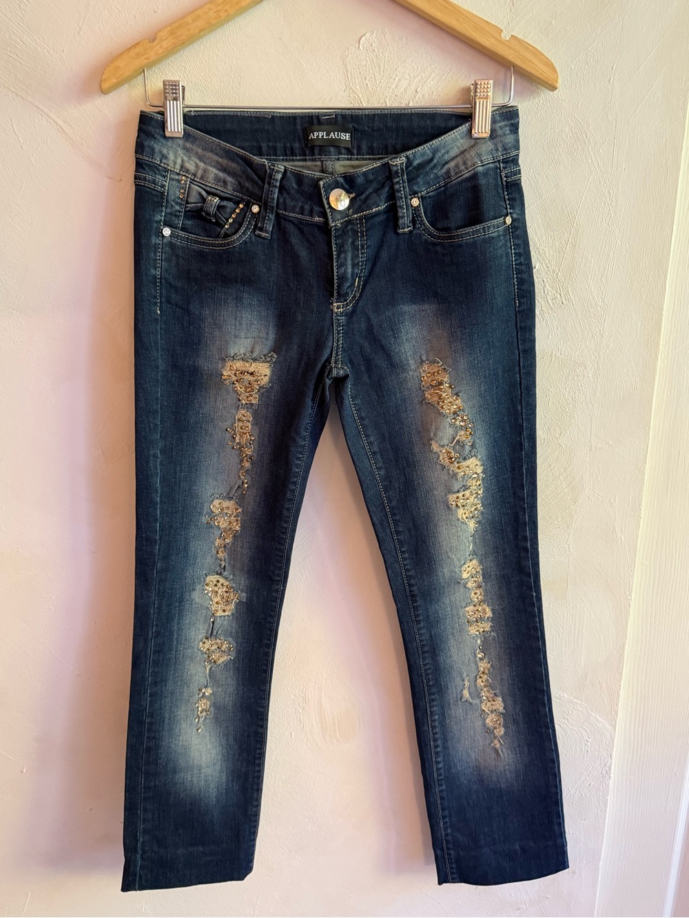 Y2K Applause Rhinestone Distressed Low Rise Jeans Bow Pockets Beaded Denim